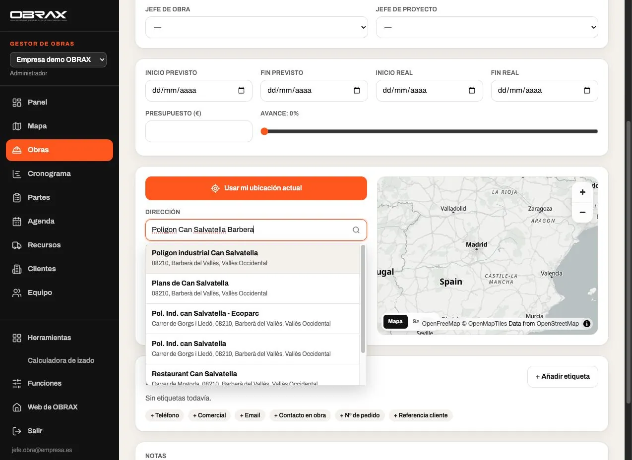 OBRAX: Crea la obra y busca la dirección como en Maps